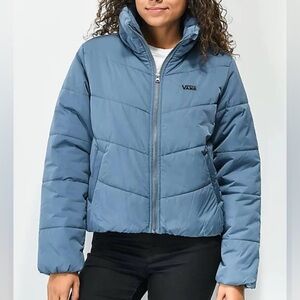 Vans Women's Quilted All Weather Full Zip Puffer Blue Cropped Jacket Size XS